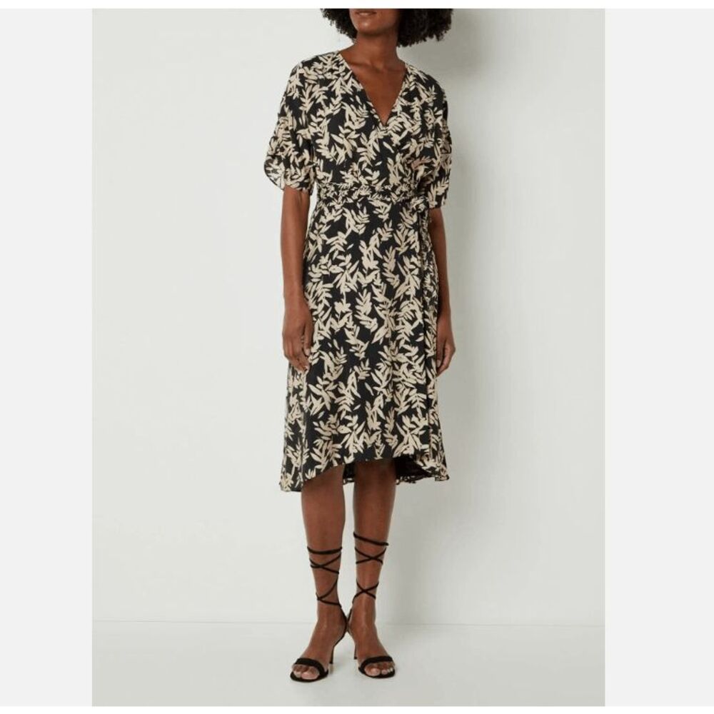 ba&sh Tabby Wrap Dress Black Tan Leaf Print Midi Length Tie Waist Size Small